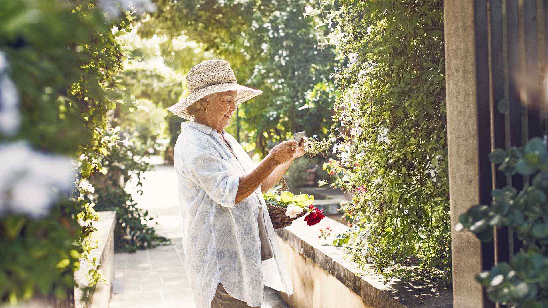 Пожилые женщины собирают цветы в саду