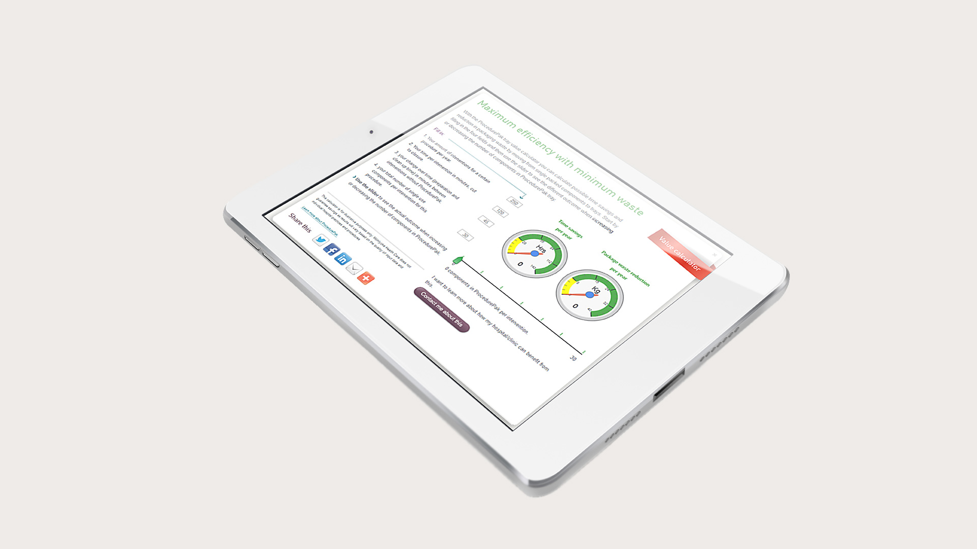 Mölnlycke procedure tray value calculator on a tablet screen